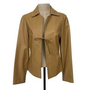 Neely Mack 90s Tan Leather Tie-Front Jacket with Satin Lining (XS)